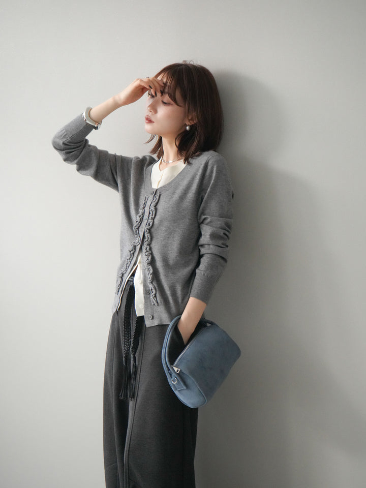 [予約]配色レイヤードフリルデザインニットカーディガン/gray