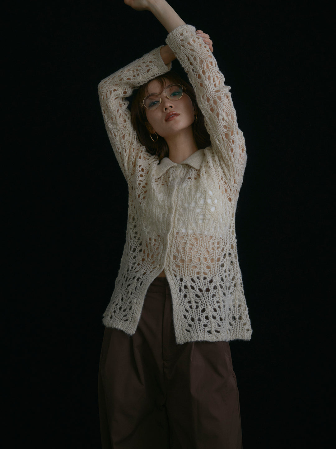 【Allure】[SET]ローゲージ透かし編みポロニッカーディガン+ローゲージ透かし編みポロニッカーディガン(2set)