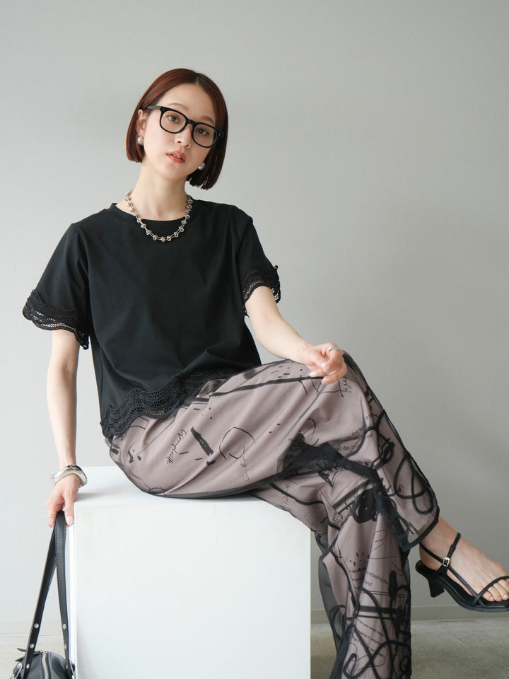 [SET]レース切替カットソー+コード刺繍チュールレイヤードパンツ(2set)