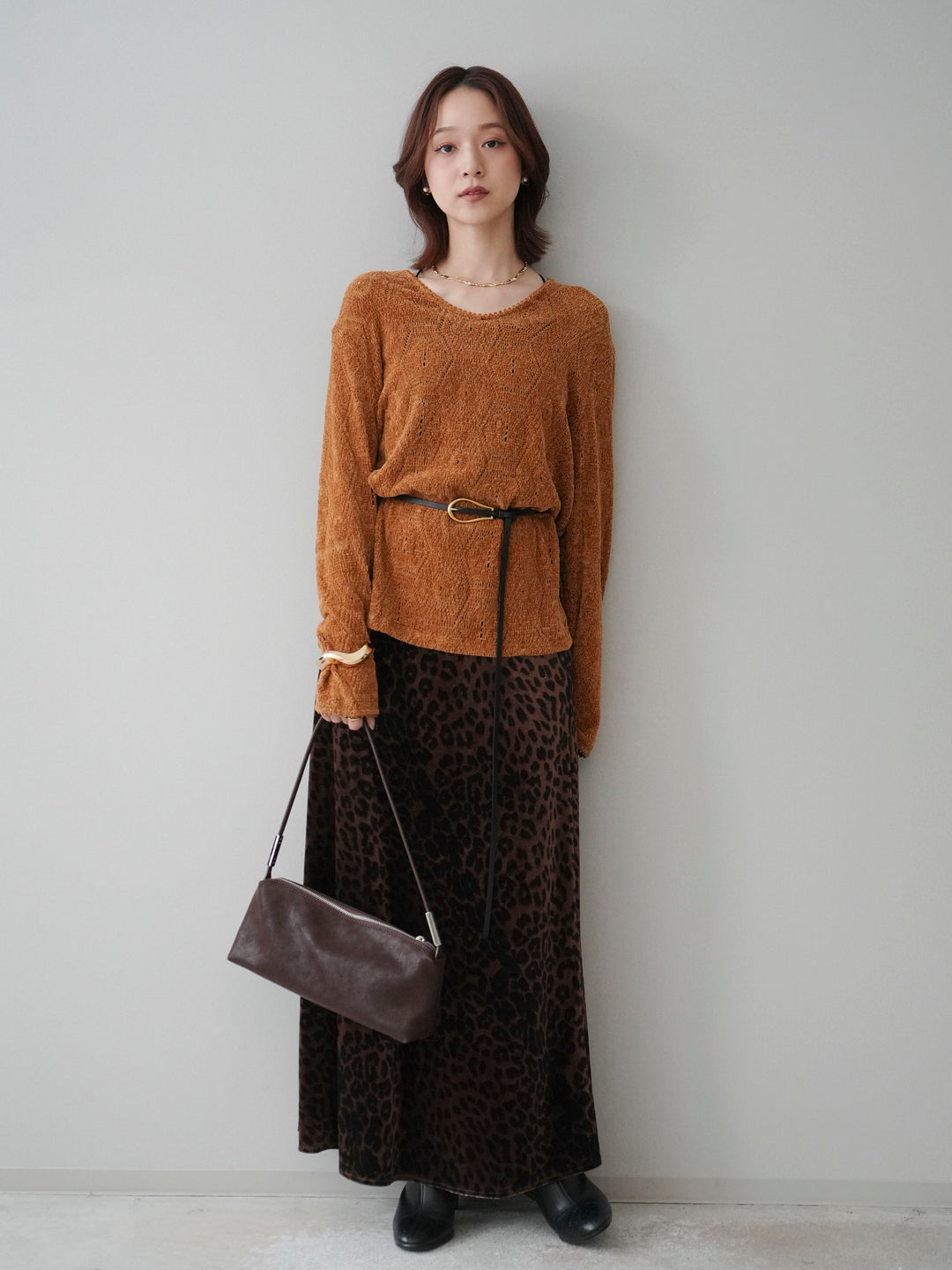 [SET]モール透かし編みニットトップス+レオパードベロアナロースカート(2set)