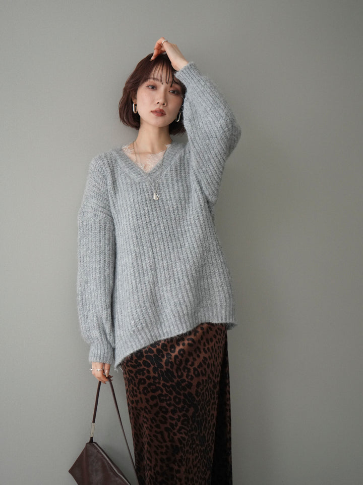 [SET]Vネックレースニットプルオーバー+レオパードベロアナロースカート(2set)