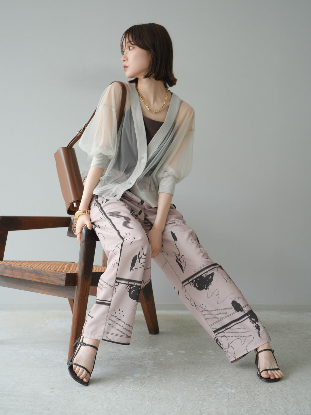 [SET] 透視半袖褶皺開襟衫 + 彩繪圖案褶襉褲 (2set)