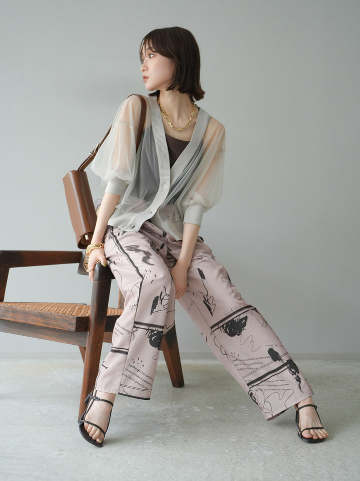 [SET] 透視半袖褶皺開襟衫 + 彩繪圖案褶襉褲 (2set)