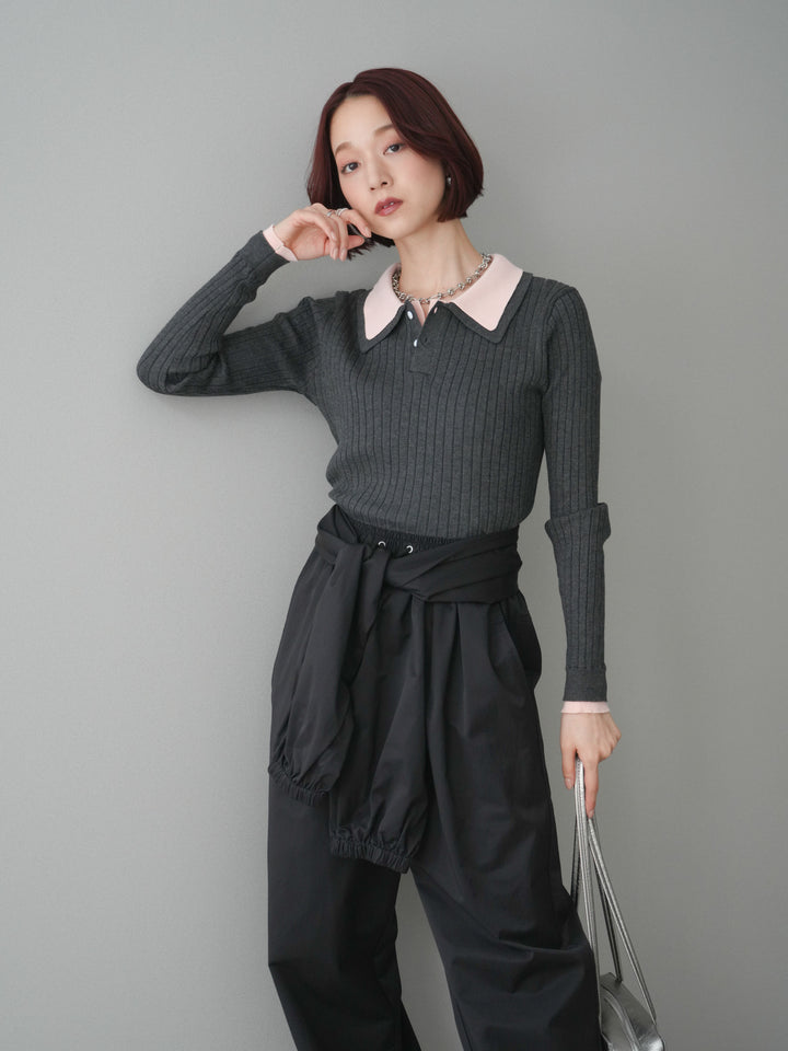 [予約]ダブル襟ポロリブニットトップス/charcoalgray