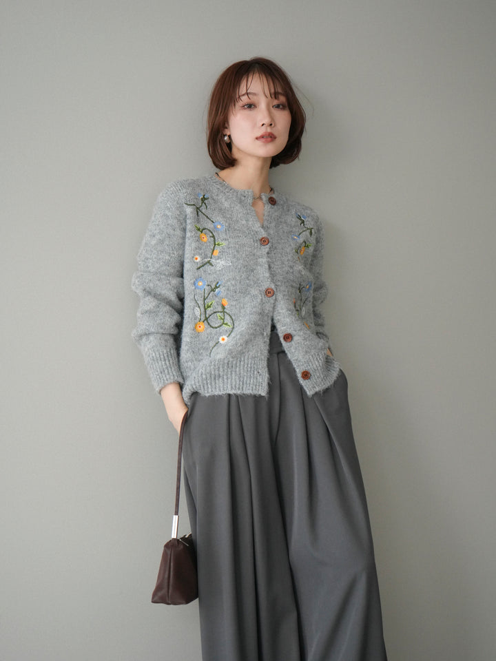【預購】花朵刺繡針織開襟衫 / 灰色