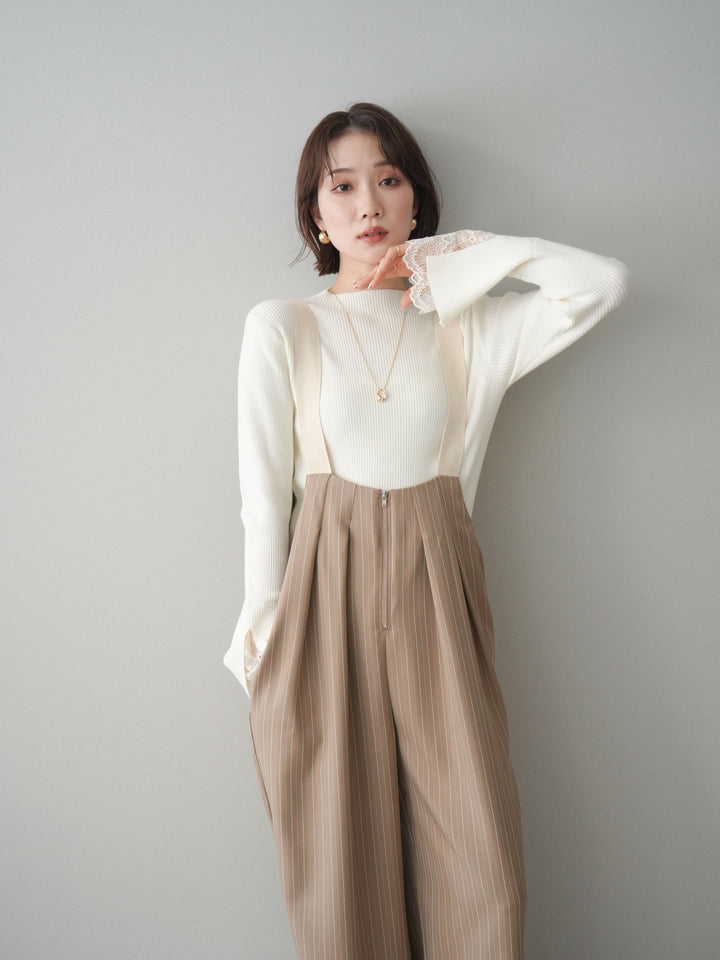 [SET]袖スカラップレースオフネックニットトップス+グログランテープストライプサロペット(2set)