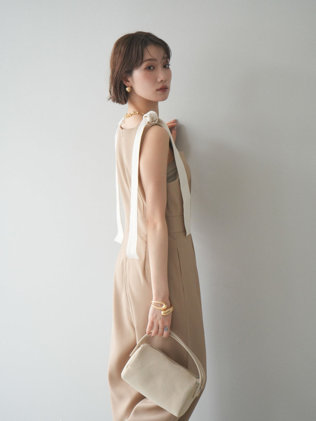 [予約]ショルダーリボンサロペット/beige