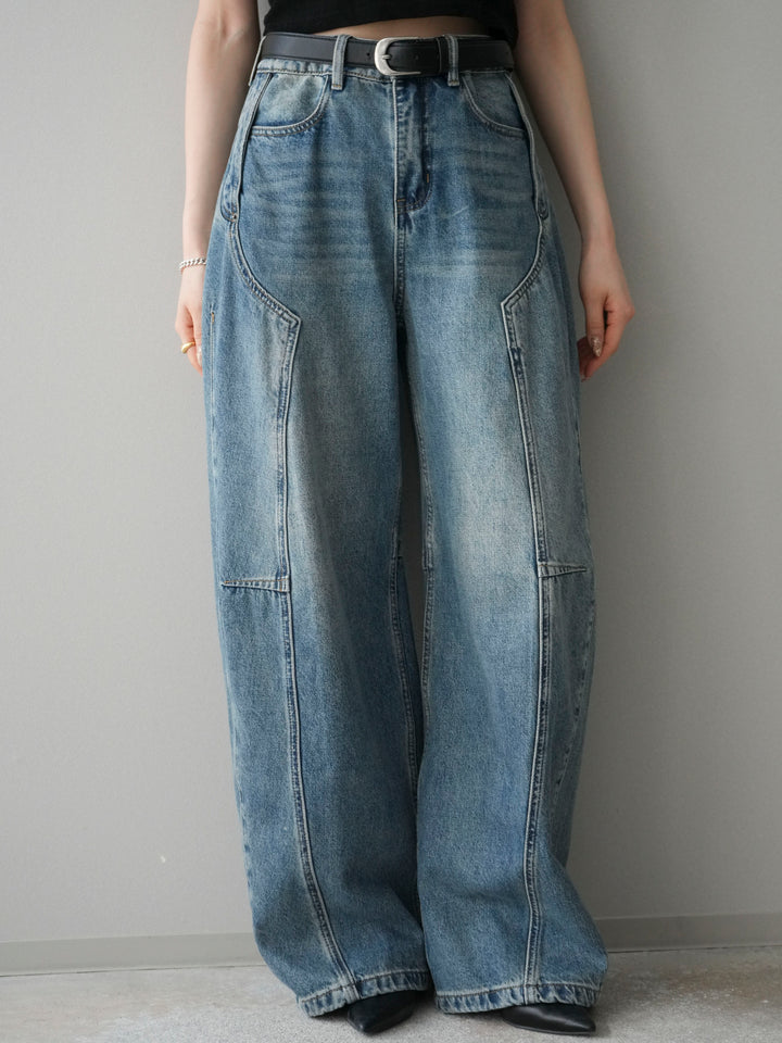 [予約]ベルト付3Dカーブデニムパンツ/blue