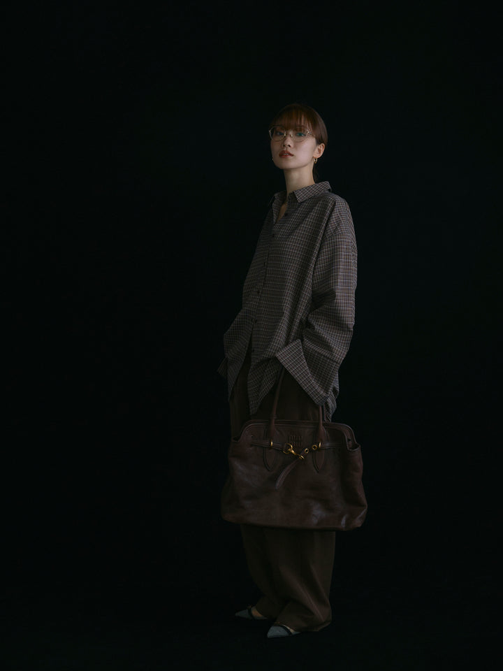 【Allure】[SET]チェックBIGカフスオーバーシャツ+タフタワイドカーブパンツ(2set)