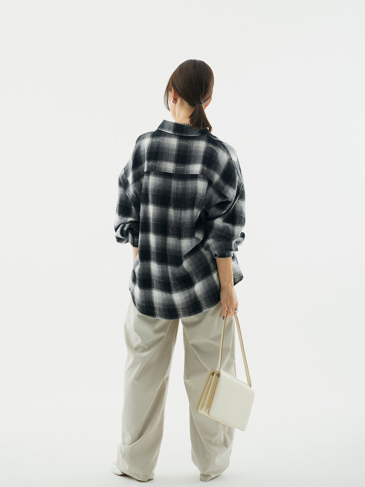 【Allure】[SET]オンブレチェックオーバーシャツ+タフタワイドカーブパンツ(2set)