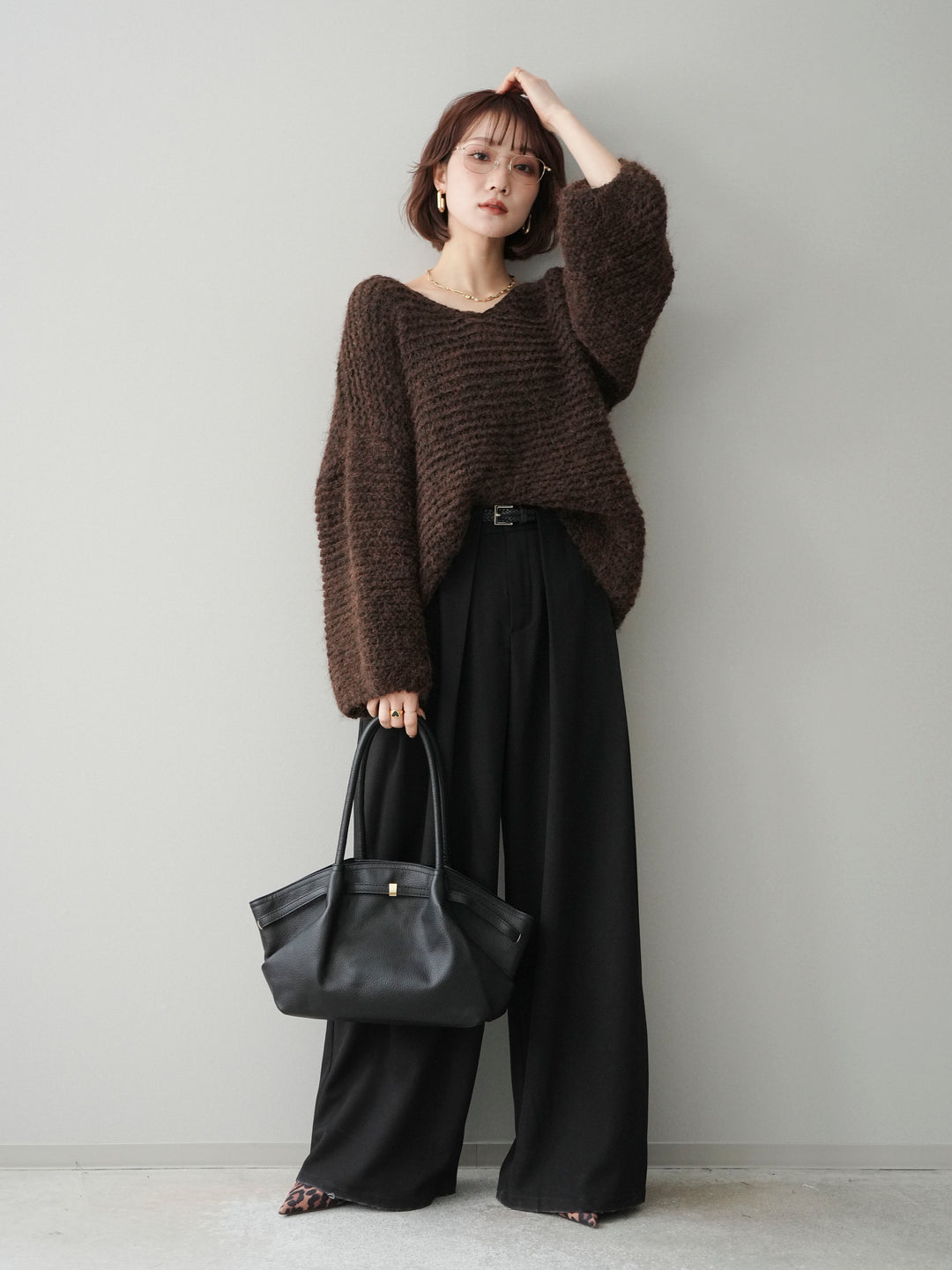 [予約]ワッフル編みシャギーニットプルオーバー/brown