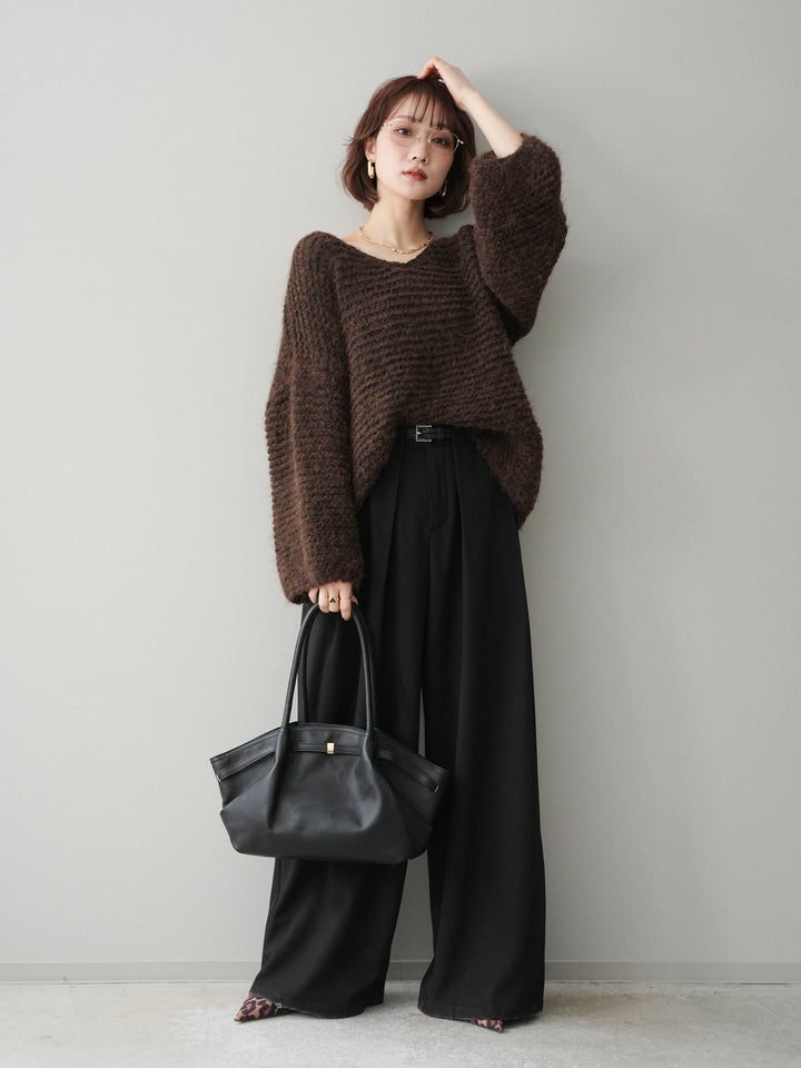 [予約]ワッフル編みシャギーニットプルオーバー/brown