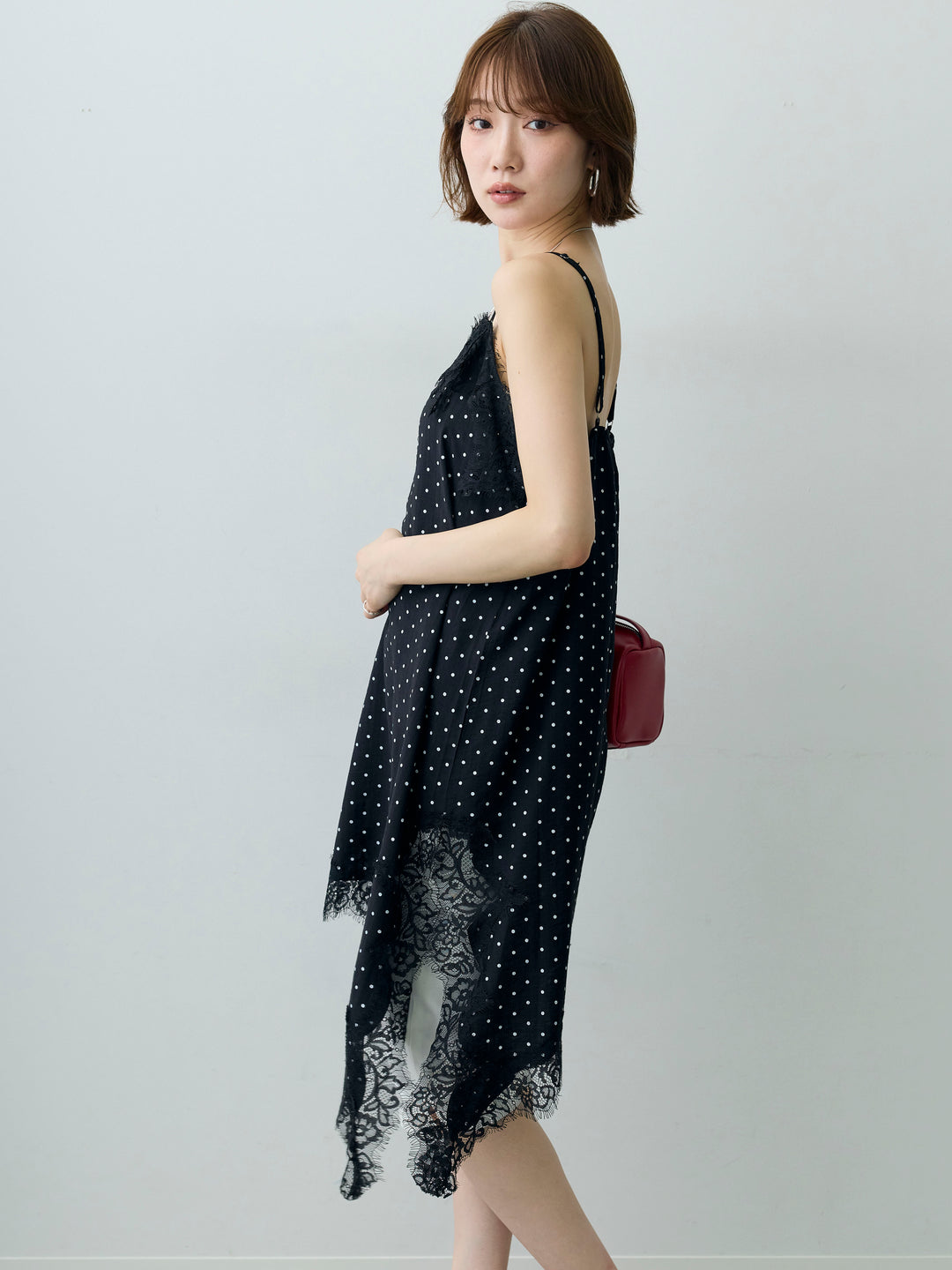 [予約]ドットレースアシメキャミチュニック/black