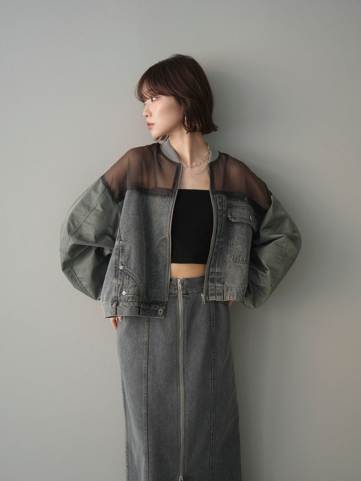 [SET]異素材デニムブルゾン+フロントジップデニムスカート(2set)