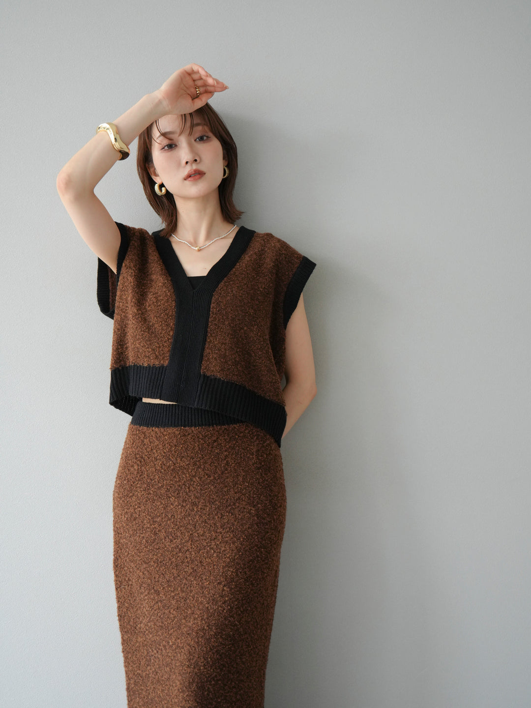 [予約]ブークレバイカラーニットベスト/ブラウン