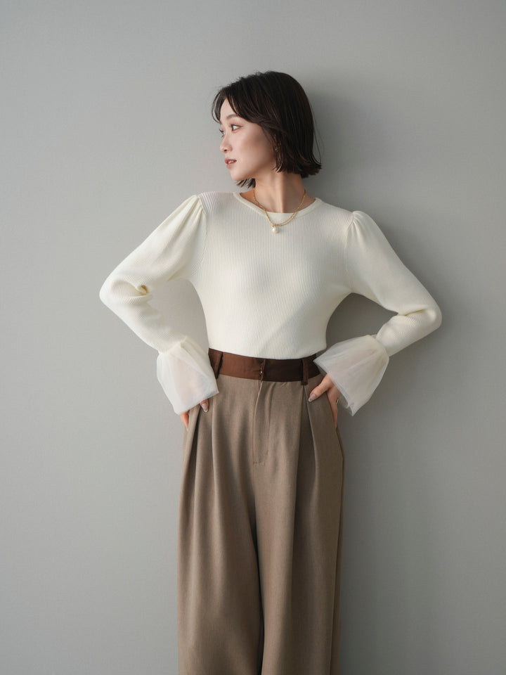 [SET]袖チュールパワショルリブニットトップス+選べるアクセセット(2set)