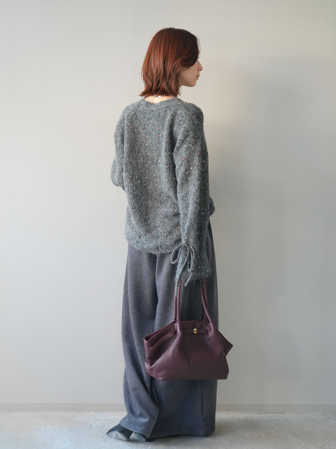 [SET]キャンディースリーブカラーネップスパンコールニットプルオーバー+ベルトデザインループコールテンワイドパンツ(ベルト付き)(2set)