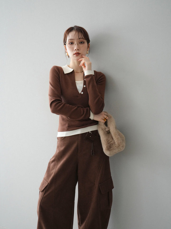 [予約]レイヤード配色ポロニットトップス/brown