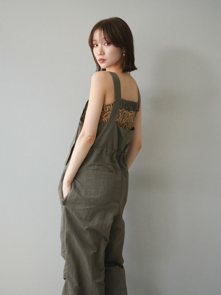 [予約]ナイロンタックデザインサロペット/カーキ