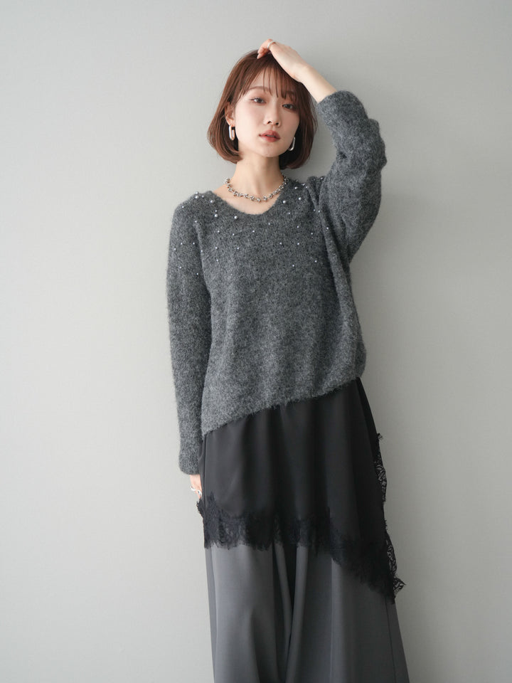 [SET]パール×ビジューVネックニットプルオーバー+アシンメトリーサテンレースキャミソール+テープベルトタックバギーパンツ(3set)