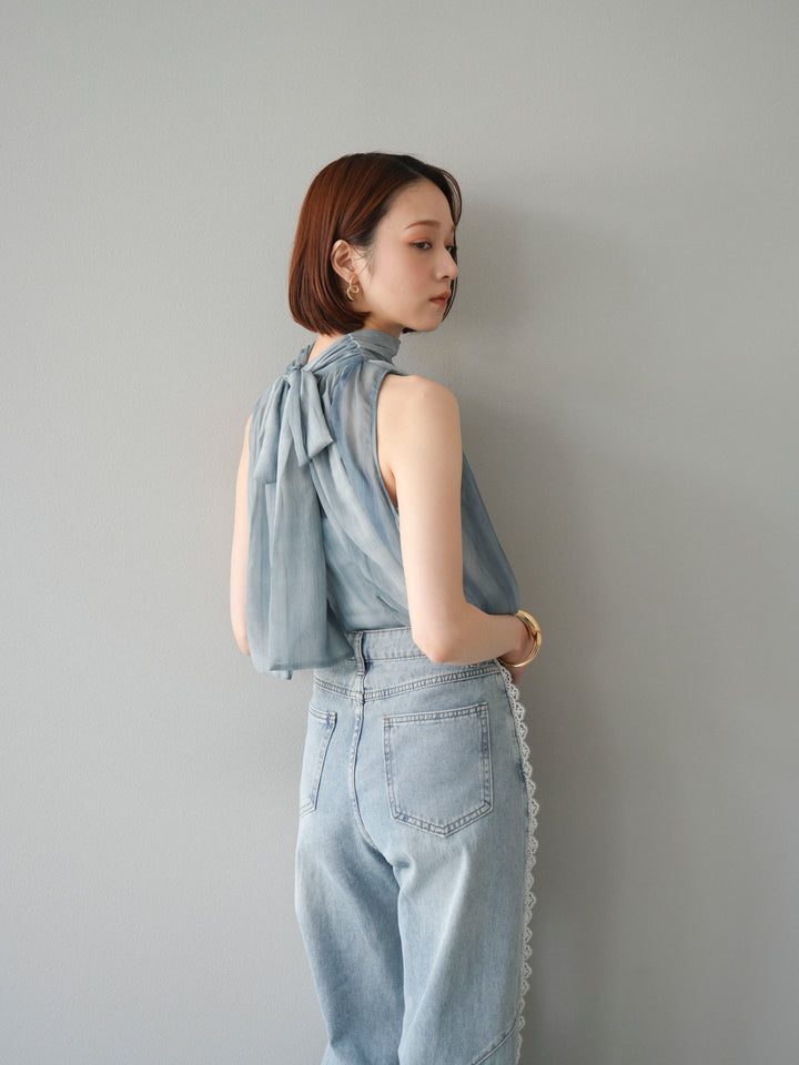 [予約]ニュアンスシアーホルターネックブラウス/グリーン