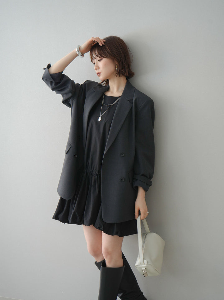 [SET]ノースリバルーンミニワンピース+ダブルブレストオーバージャケット(2set)