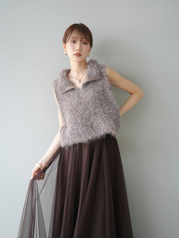 [予約]メランジブークレハーフジップニットベスト/モカ