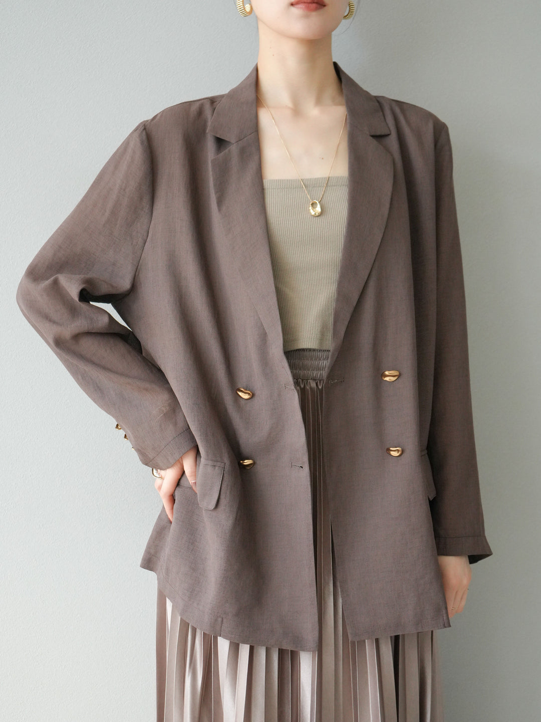 [預購] 金色紐扣透視夾克/棕色