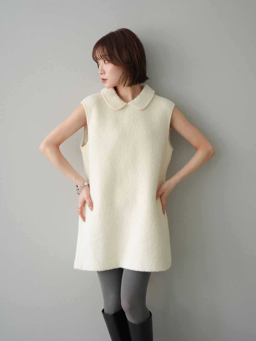 [予約]襟付きブークレミニワンピース/offwhite