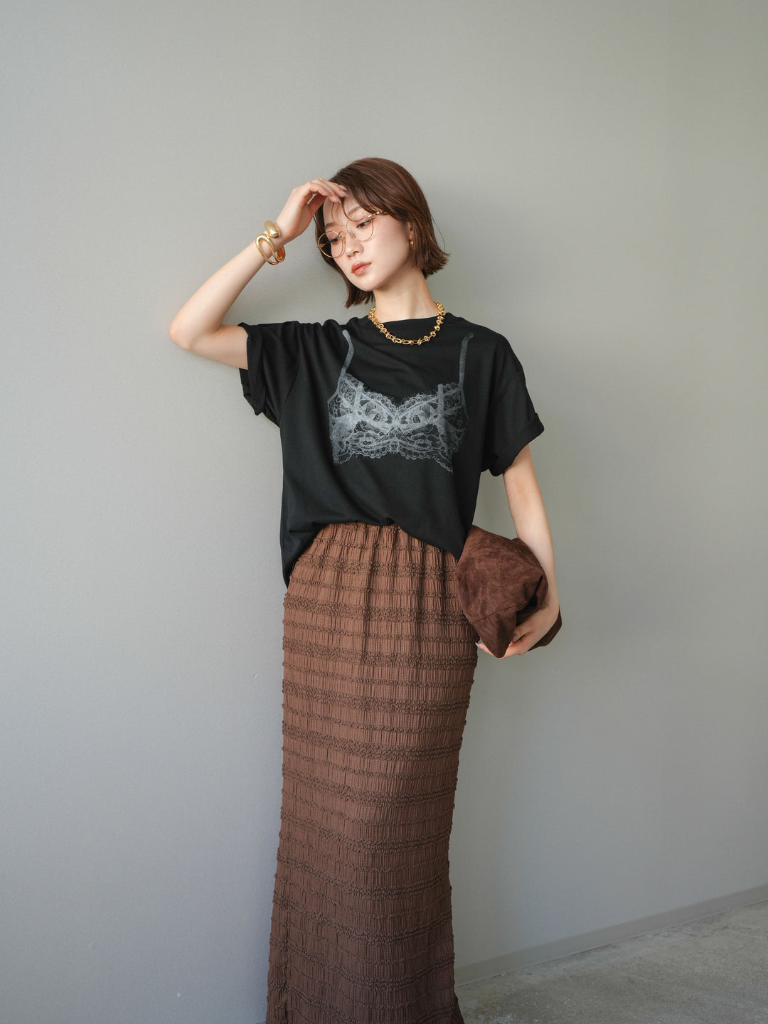 【預購】蕾絲圖案印花T卹/黑色