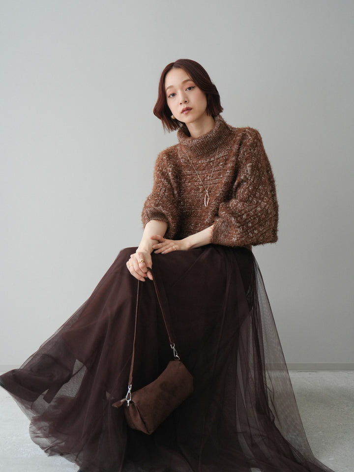 [予約]オフタートルケーブル編みニットプルオーバー/brown