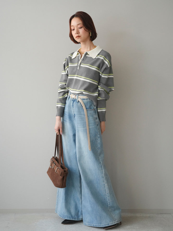 [予約]サイドビジューワイドデニムパンツ/lightblue