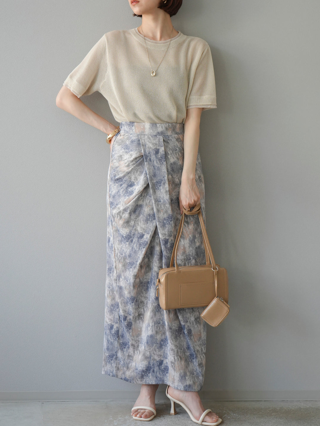 [SET]リネンタッチ配色二重臼ハーフニットトップス+選べるアソート柄スカートセット(2set)