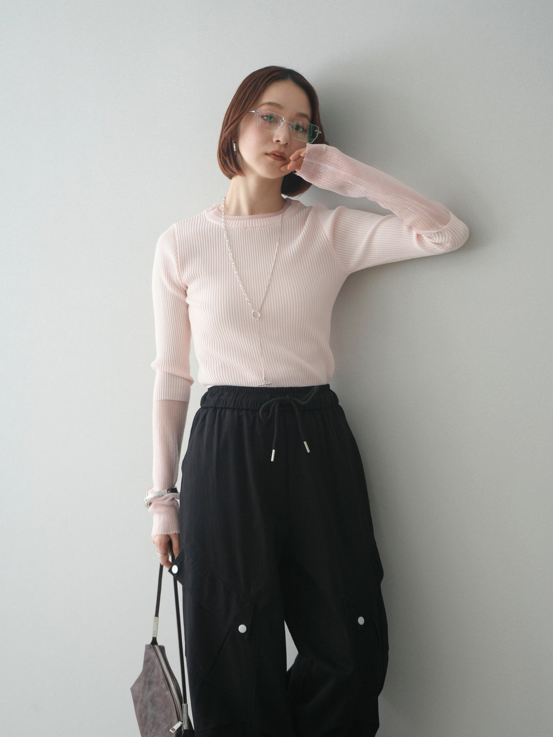 [SET]リブラメシアー切替リブニットトップス+リブラメシアー切替リブニットトップス(2set)