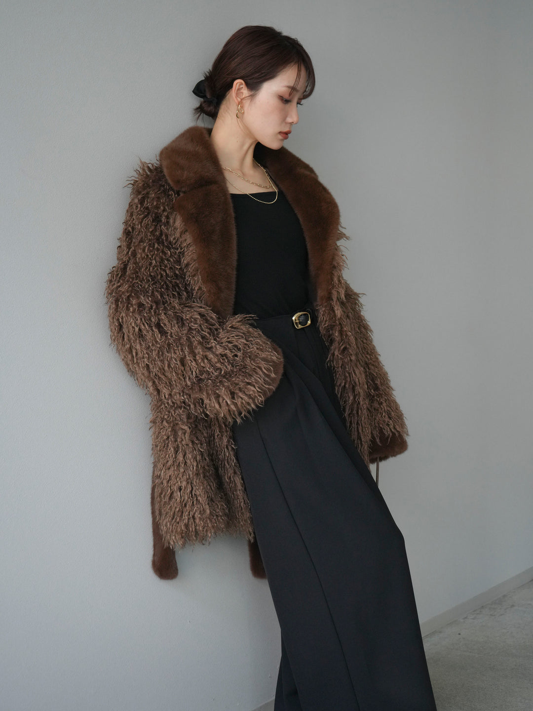 [予約]異素材ファー×ムートンコート/brown