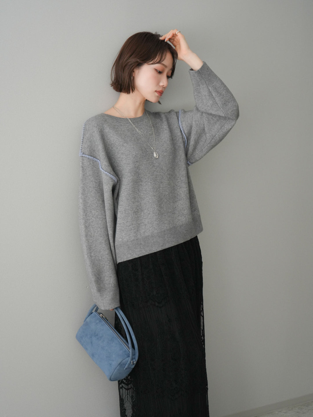 [予約]バックロゴ刺繍配色ステッチニットプルオーバー/gray