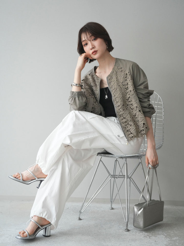 [SET]レースドッキングブルゾン+タックデザイン裾ドロストカーゴパンツ+カップ付テレコリブベアキャミソール(3set)