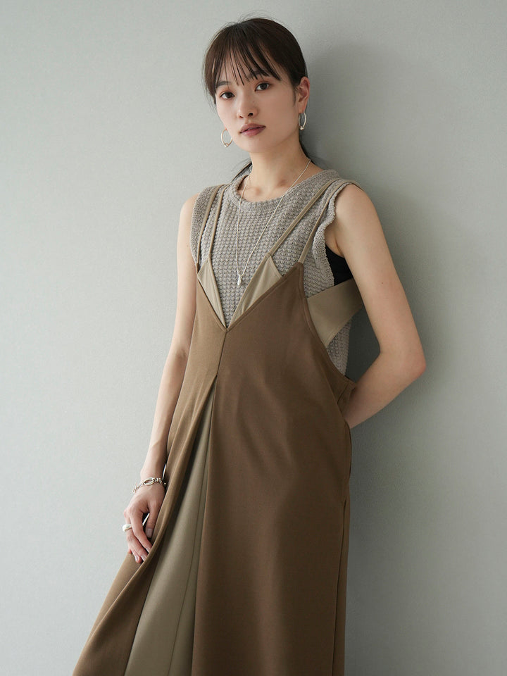 [SET] Bicolor layered design cami dress + pokopoko sleeveless knit top (2set)