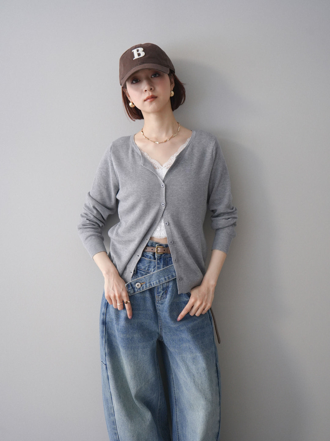 [SET]レースレイヤードニットカーディガン+アシメデザインワイドデニムパンツ(2set)