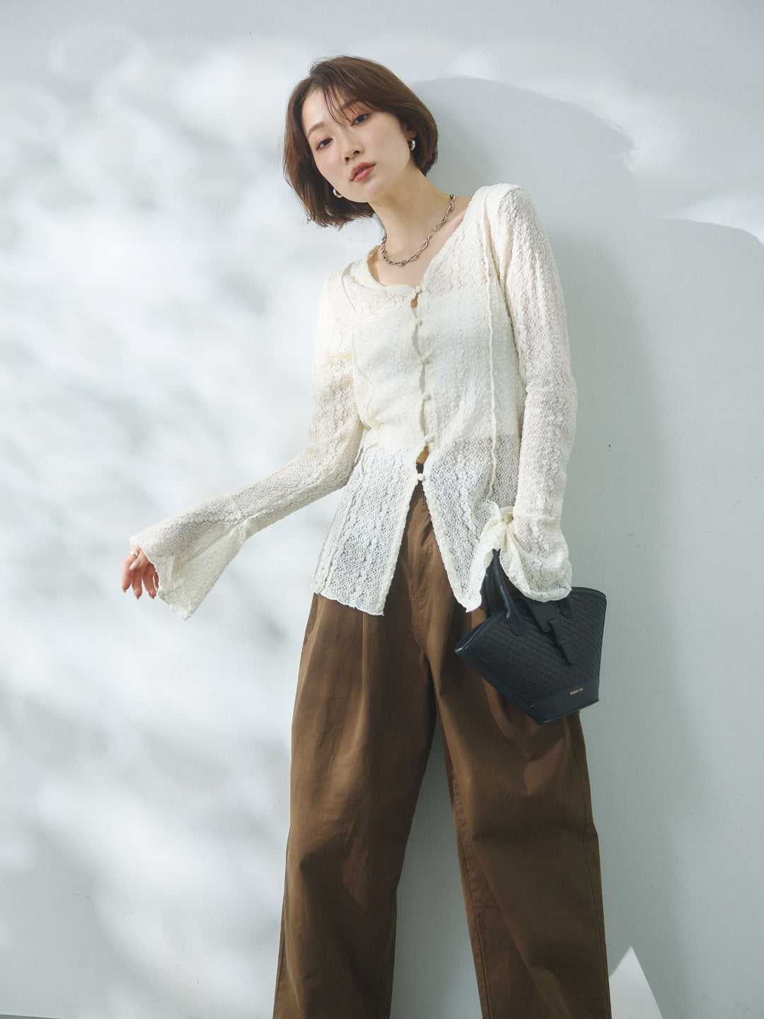 【Allure】[SET]ストレッチレースカーディガン+カットオフコットンツイルタックワイドパンツ(2set)