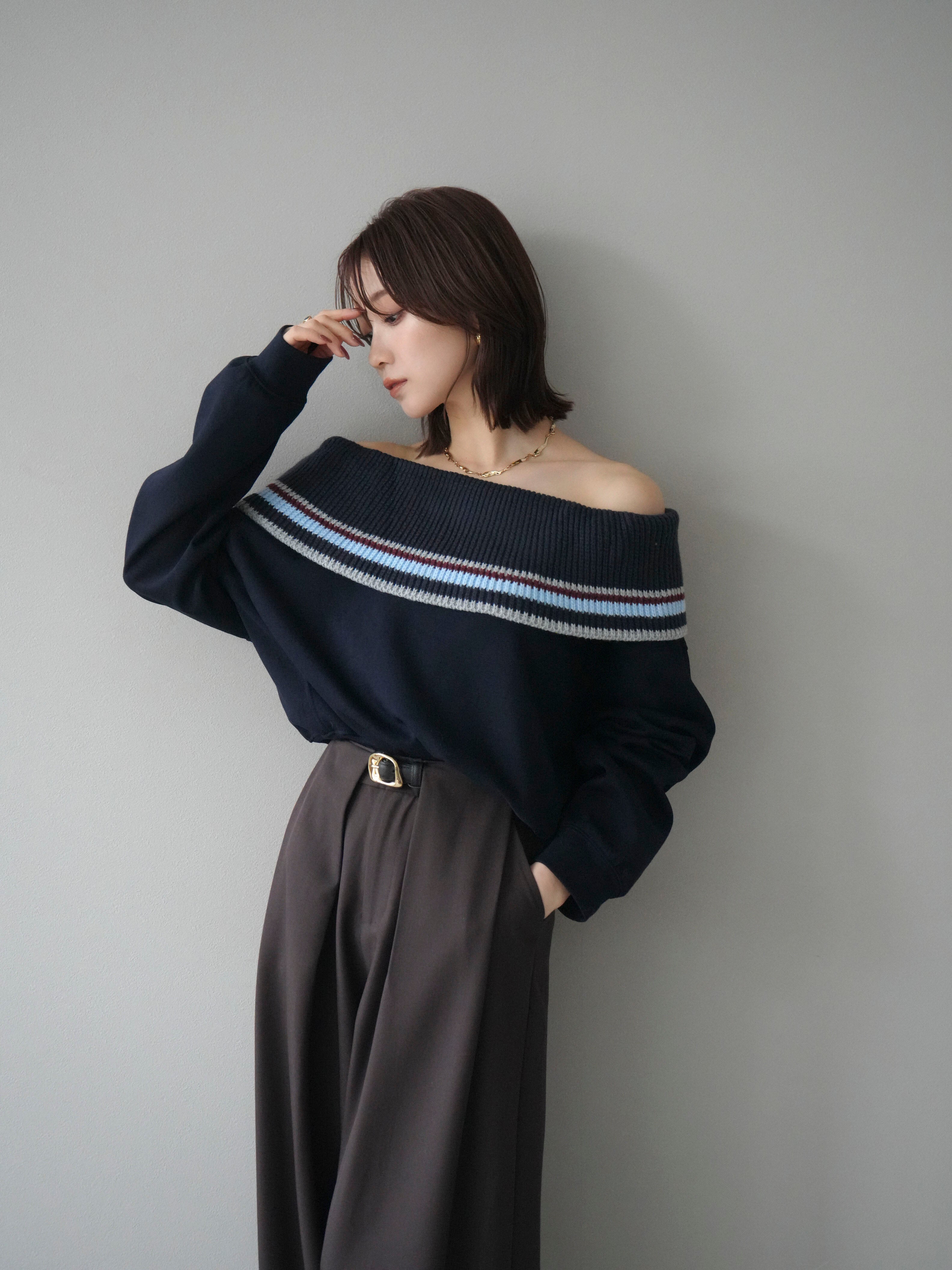 予約]ボーダーニットオフショルダーxスウェットプルオーバー/navy – Lumier