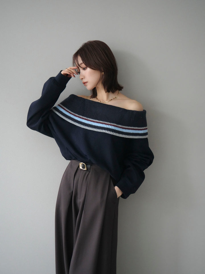 [予約]ボーダーニットオフショルダーxスウェットプルオーバー/navy