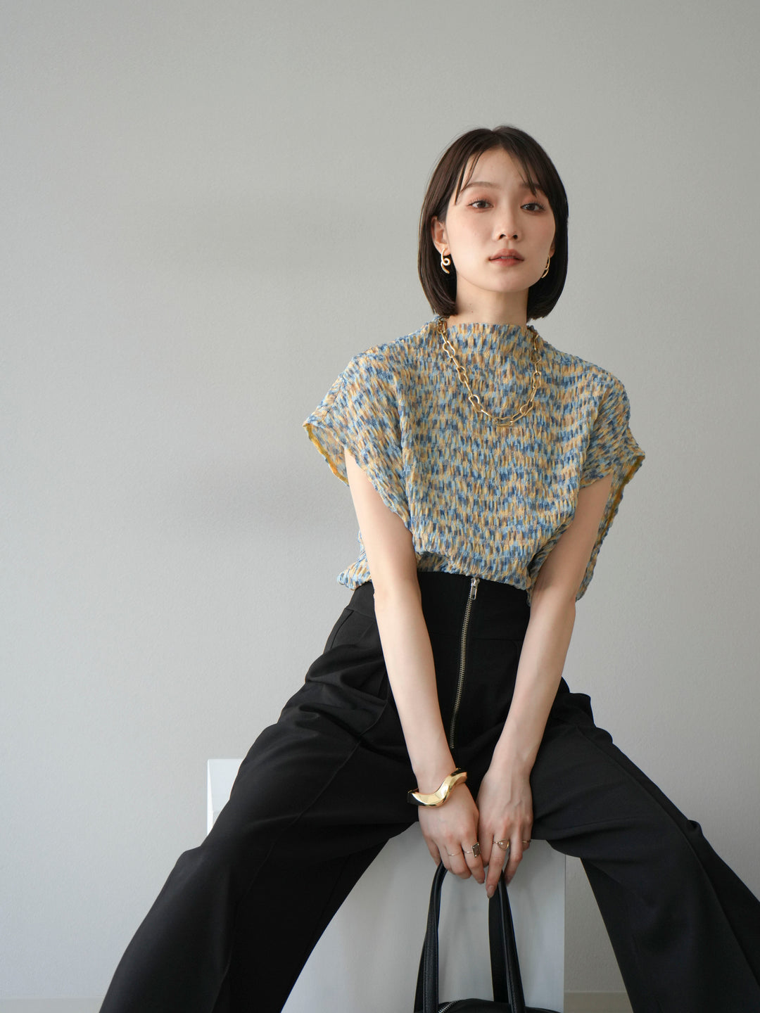 [SET] 多色隨機百褶法式上衣+拉鍊褶襉寬褲（2件套）