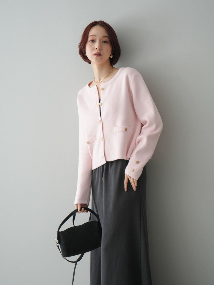 [予約]ゴールドボタンノーカラーニットジャケット/pink