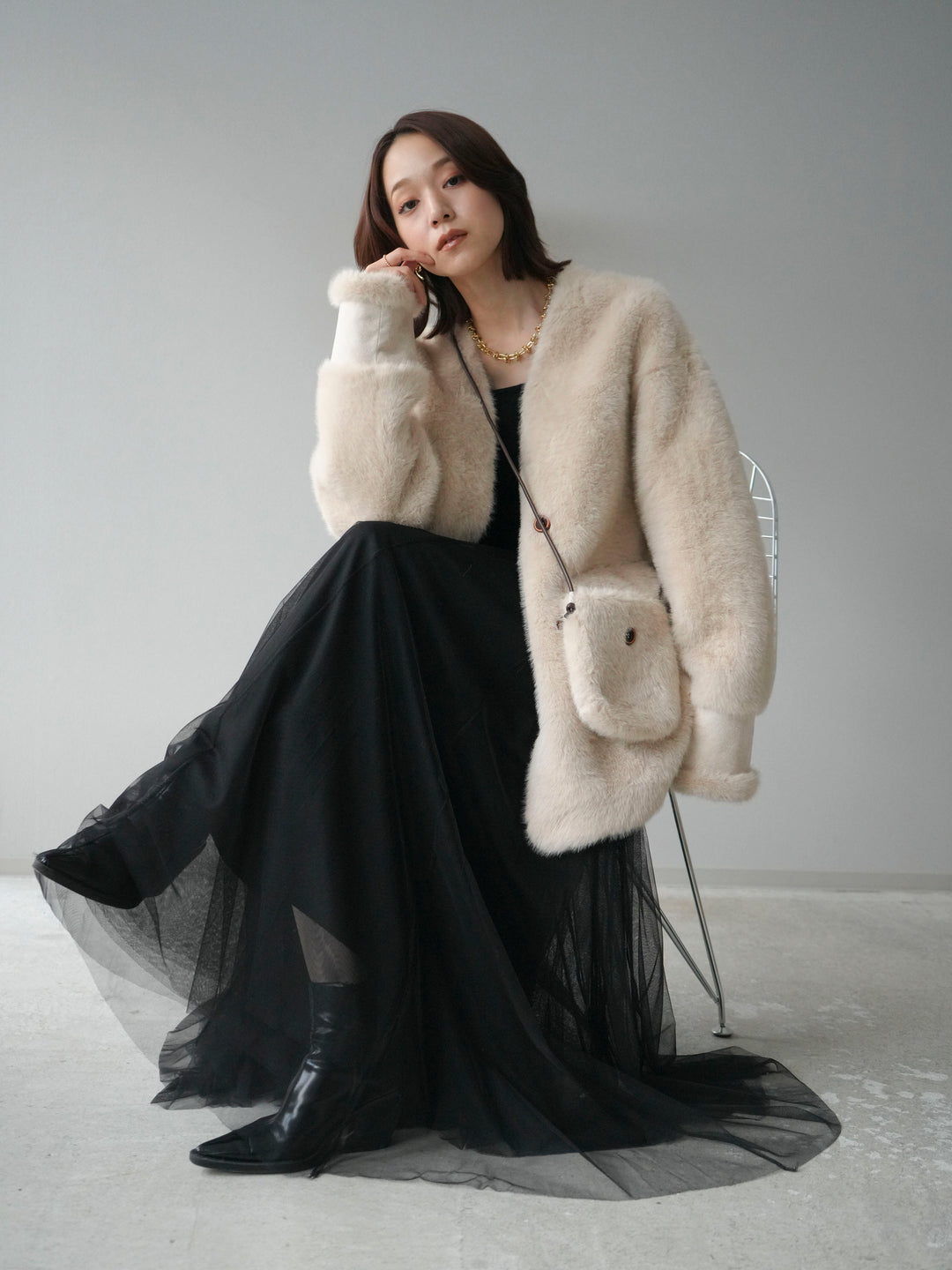 [SET]バッグ付エコファーノーカラーコート+チュールボリュームスカート(2set)