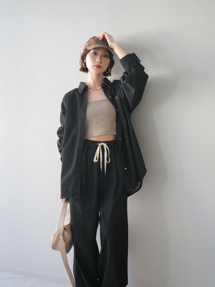 [予約]ポイントレザーオーバーデニムシャツ/black