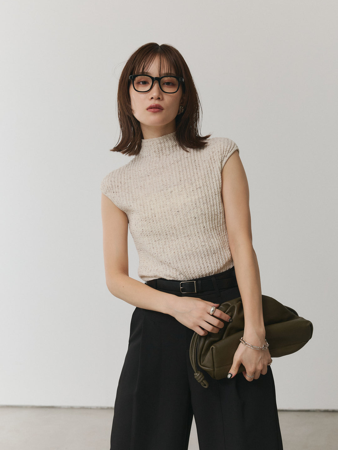 【Allure】[SET]ミックスヤーンデザインリブフレンチスリーブニット+ミックスヤーンデザインリブフレンチスリーブニット(2set)