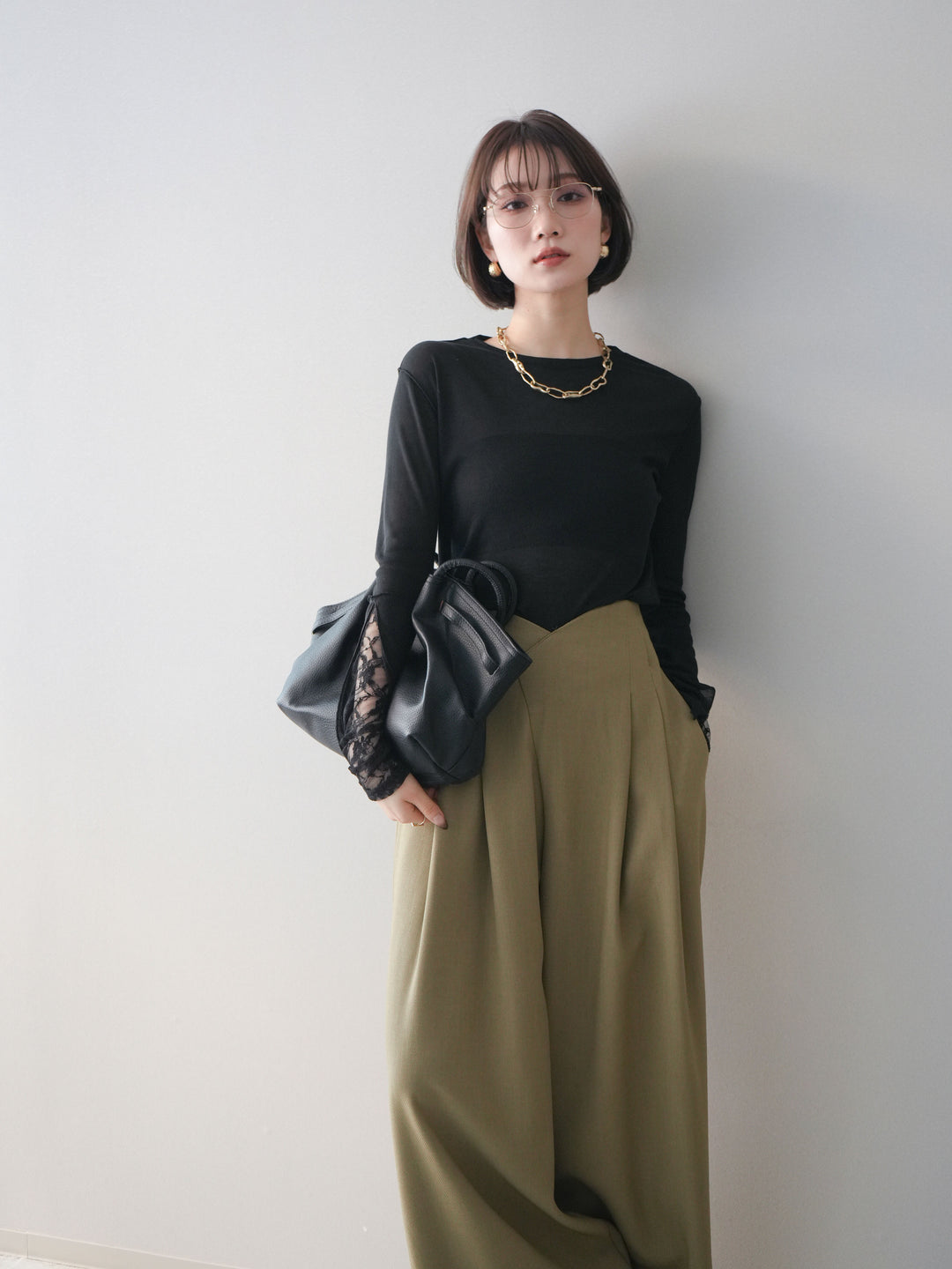 [予約]袖レースレイヤードデザインメロートップス/black