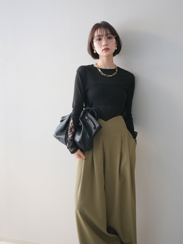 [予約]袖レースレイヤードデザインメロートップス/black