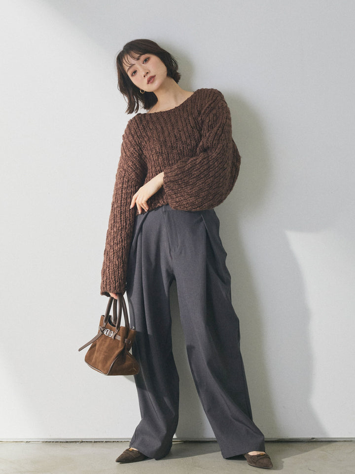 【Allure】[SET]クロップドチャンキースラブニットプルオーバー+アシンメトリーウエストタックパンツ(2set)